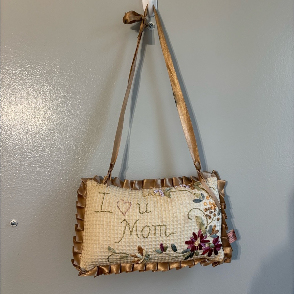 Vintage Cross-Stitch Miniature Pillow I love you Mom heart decoration